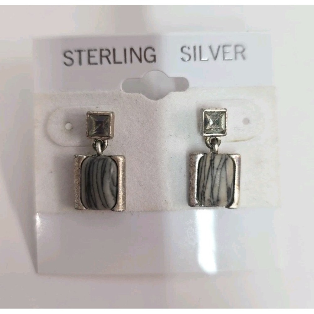 Vintage Sterling Silver Gray Agate Rhinestone Dangle Earrings Unique Beautiful